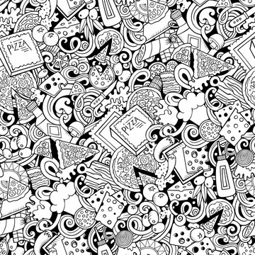 Cartoon cute doodles hand drawn Pizza seamless pattern