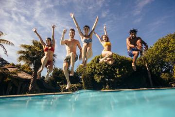 Friends having fun at holiday resort pool