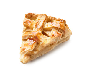Piece of tasty homemade apple pie on white background