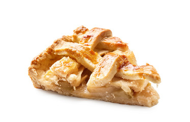 Piece of tasty homemade apple pie on white background