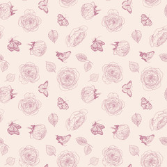 Seamless pattern of wild roses blossom branch and butterfly. Vintage botanical hand drawn illustration. Spring flowers of garden rose, dog rose. Vector design