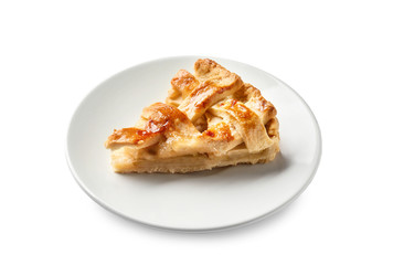 Piece of tasty homemade apple pie on white background
