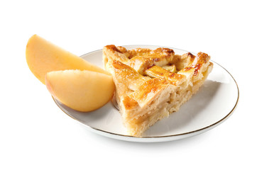 Piece of tasty homemade apple pie on white background