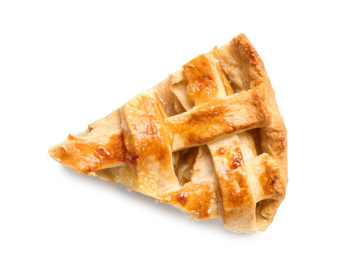 Piece of tasty homemade apple pie on white background