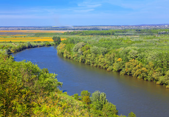 Fototapeta na wymiar river and green forest, aerial scenery view 