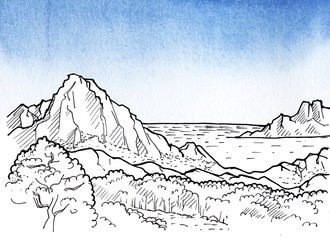 Landscape with a mountain with high cliffs mountains by the sea and forest. In the foreground there are three tall firs. Hand-drawn linear illustration. Sketch with ink on toned with watercolor paper