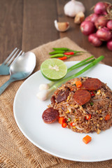 Fried rice with Thai sausage, Spicy Thai food, Healthy food with herb