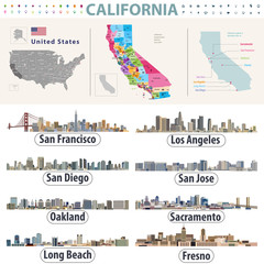 California's vector high detailed map showing counties formations. Skylines of major cities of California