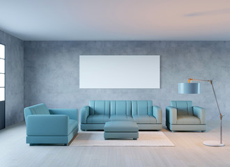 3d rendering of new loft living room with blue leather sofa and mock up pattern