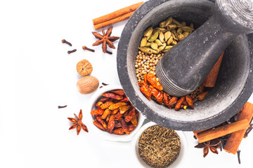 Mix of spices for homemade Tandoori masala in mortar on white background - obrazy, fototapety, plakaty