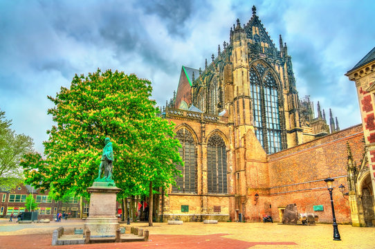 Statue of Jan van Nassau and St. Martin Cathedral in Utrecht, the Netherlands