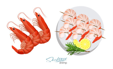 Shrimps on a skewer with rosemary and lemon on the plate. Shrimp isolated on white background. Vector illustrationin cartoon style. Seafood product design. Edible sea food.