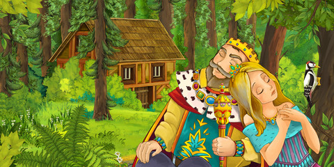 cartoon scene with prince and princess or king and queen resting during traveling and encountering hidden wooden house in the forest - illustration for children