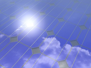 3D rendering. Solar energy concept. Alternative energy. Reflection of clouds and blue sky on the photovoltaic cell.
