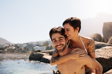 Tourist couple in romantic mood outdoors on a holiday