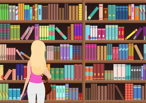 Young pretty blond woman chooses a book in the library. Vectror illustration.