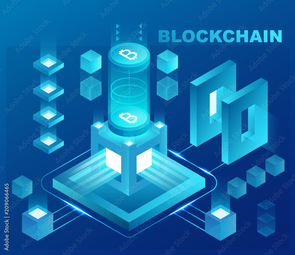 Poster Cryptocurrency and blockchain isometric concept. Data powered center, cloud data storage. Web design, presentation banner.