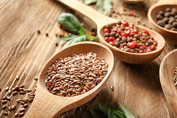 Variety of spices in spoons on wooden background