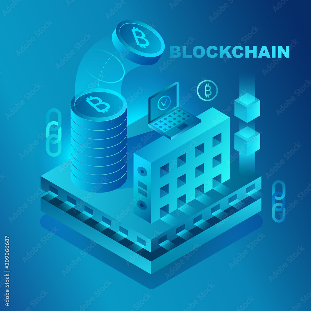 Poster big data center, cryptocurrency and blockchain isometric composition banner template concept vector 