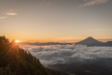 Mt.Fuji with sea of clouds in summer  , Seen from Mt.Kushigata