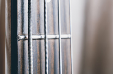 Bass guitar rosewood fretboard closeup showing string detail.