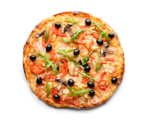 Tasty Italian pizza with olives on white background