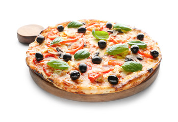 Wooden board with tasty Italian pizza on white background