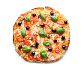 Tasty Italian pizza with olives on white background
