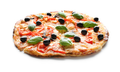 Tasty Italian pizza with olives on white background