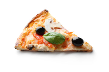 Slice of tasty Italian pizza with olives on white background