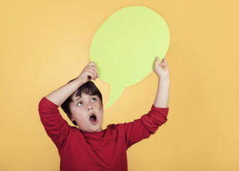 child with speech bubble on yellow background