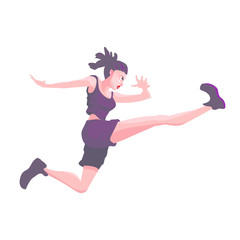 Woman runs and jumps on a white background