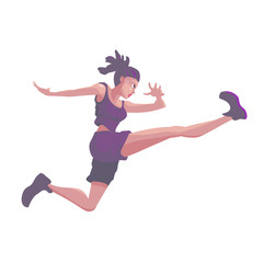 African American woman in a sporty suit is jumping against a white background