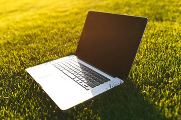 Close up laptop pc computer with blank black empty screen to copy space in park on vibrant spring green fresh grass, sunshine lawn meadow outdoors on nature. Mobile Office. Freelance business concept.