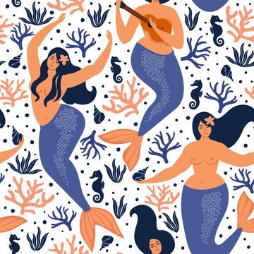 Seamless childish pattern with cute mermaids. Undersea vector trendy texture. Perfect for fabric, textile and wrapping.