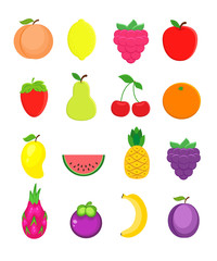 Set of different fruits in flat style. Peach, lemon, mango, wate