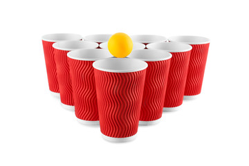 Cups and ball for beer pong on white background