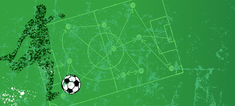 Grungy soccer or football illustration, with soccer striker and soccer ball free copy space.