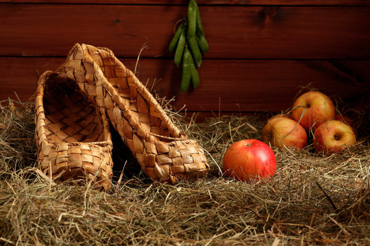 Still life of old bast shoes