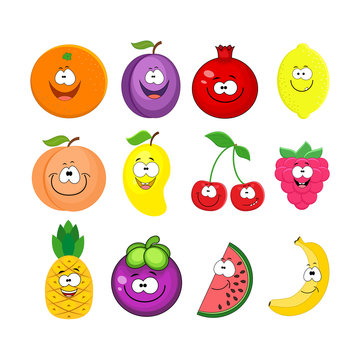 Cartoon set of different fruits. Smiling peach, lemon,  watermel