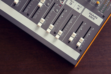 Audio studio sound mixer equalizer board sliders, faders and knobs