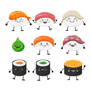 Cute cartoon sushi set characters. Kawaii sushi. Vector illustra
