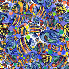 Obraz premium Aquarium, river, lake, merry, rainbow, colorful fish in the water. Watercolor. Illustration