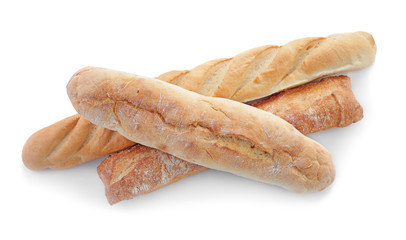 Different fresh tasty bread on white background