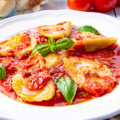 Delicious pasta - ravioli in tomato sauce with basil