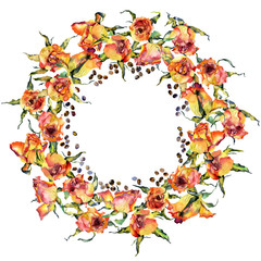 A floral, floral wreath of small red roses among coffee, fried, bitter grains. Watercolor. Illustration