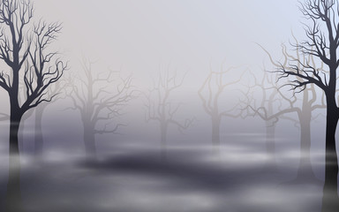 Misty landscape. Silhouettes of trees. Vector background with fog and trees. Mitic concept