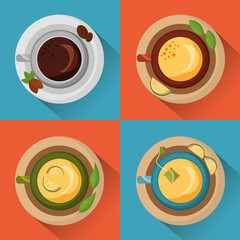 coffee and tea time top view cups on dishes seeds and leaves herbal collection vector illustration