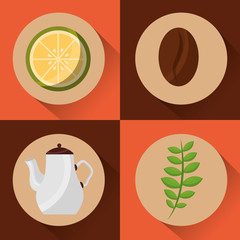 coffee and tea time - coffee maker seed lemon and herbal leaves set vector illustration