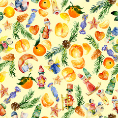 Festive toys and figurines. Ripe, tasty, aromatic, tropical, warm fruits of tangerines. Forest, fir, pine, cedar coniferous branches and cones. Delicious, sweet candy. Watercolor. Illustration